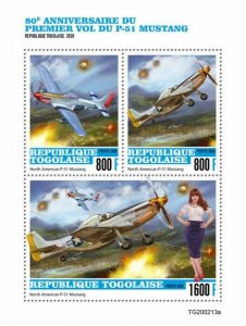 Togo Military Aviation Stamps 2020 MNH North American P-51 Mustang WWII 3v M/S