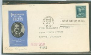 US 826 1938 21c Chester A. Arthur (part of the Presidential/prexy defintive series) single on a registered addressed FDC with an