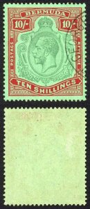 Bermuda SG92g 10/- Script Green and Red on Pale Emerald Ex Ludington Cat 275