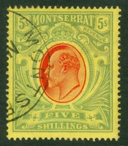 SG 47 Montserrat 1908-14. 5/- red & green/yellow. Very fine used CAT £95