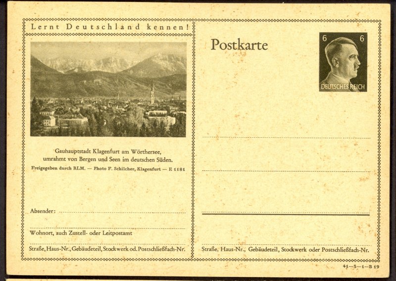 GERMANY 1941 6pf HITLER HEAD Learn to Know Germany Postal Card 41-3-1-B19 Unused