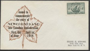 1949 #282 Newfoundland FDC Michael Sanders Cachet Raised Print Conception NFLD