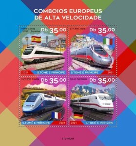 St Thomas - 2021 European Speed Trains - 4 Stamp Sheet - ST210820a