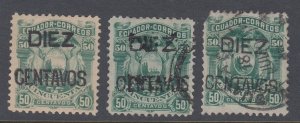 Ecuador 1883 10c on 50c Blue Green, 1 x M Mint, 2 x Used. Scott 18