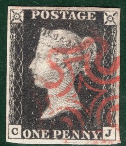 GB PENNY BLACK 1840 QV Stamp SG.2 1d Plate 1a (CJ) Used Red MX Cat £450+ BRRED15 