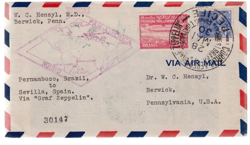 1930 Brazil Graf Zeppelin cover to USA Around the World FLight