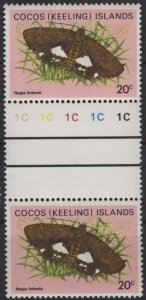 Cocos Islands 91 (mnh gutter pair) 20c moths: Nagia linteola (1982)