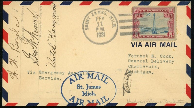 St. James Charlevoix Emergency Airmail Service Signed Cover 5c Postage #C11 USA