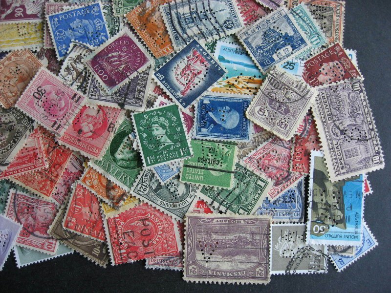 Worldwide perfins, 200 from various countries. Duplicates?, mixed condition.