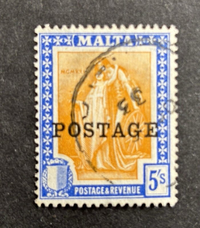 Malta: 1926,  'Postage' overprints, 5/- Very Fine Used