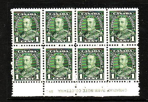 Canada-Sc#217-Unused 1c green KGV pictorial-inscription  block-hinged in selvedg