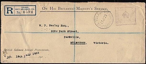 SOLOMON IS 1923 Official reg cover ex Tulagi, boxed Crown Paid.............18291