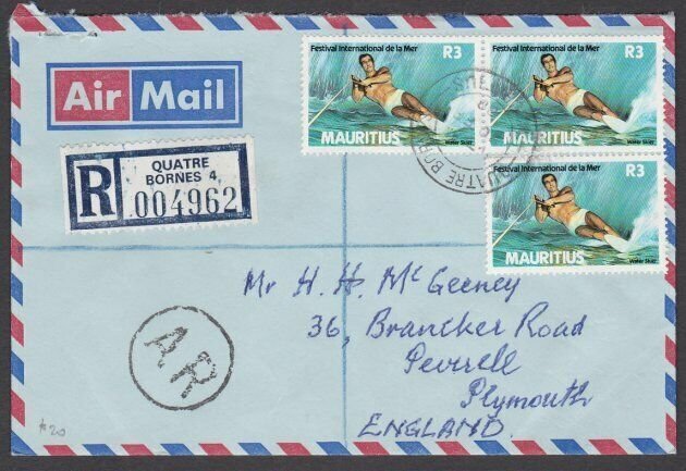 MAURITIUS 1988 Registered AR cover QUATRE BORNES to UK......................U864 