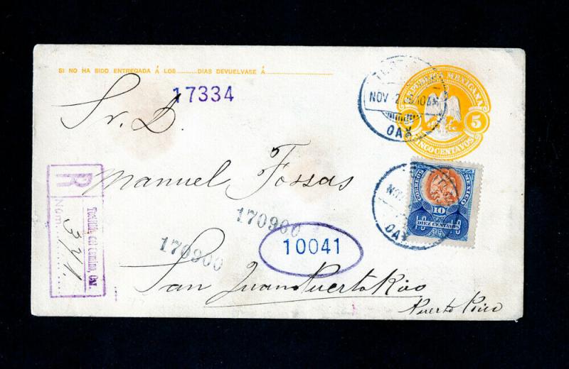 Puerto Rico Cover Registered w/ Stamps 1909 from Mexico to PR