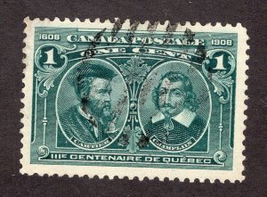 Canada 1908 1c blue green Quebec Tercentenary Scott 97 used, value = $6.00