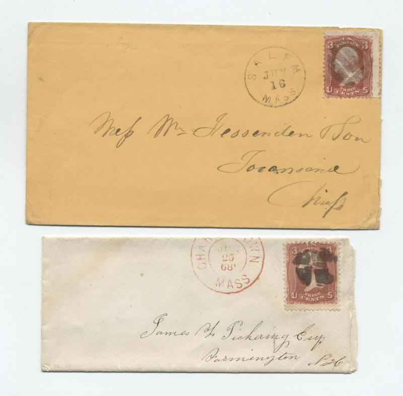 2 1860s covers #88 E grills one w/cert Charlestown, Salem MA [y4153]