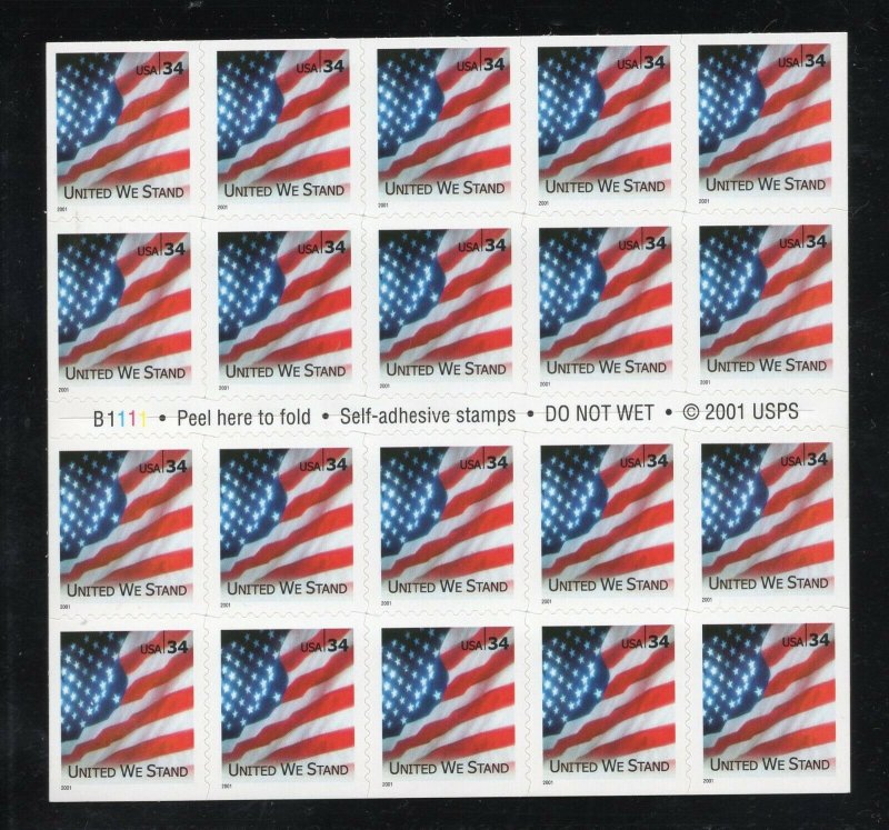 United We Stand 3549a 34¢ Sheet of 20   MNH  