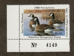 PA2 - Pennsylvania State Duck Stamp. Plate Numbered Single. MNH.OG. #02 PA2PNSBL