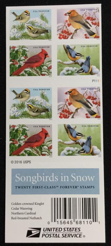 US #5126-5129 (5129b) MNH Booklet of 20 Songbirds in Snow