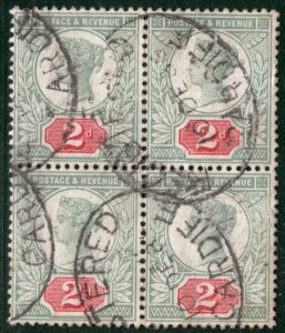 GB QV JUBILEE SG.199 2d Green & Scarlet 1889 BLOCK Cardiff Used c£1,040+ PIRED95