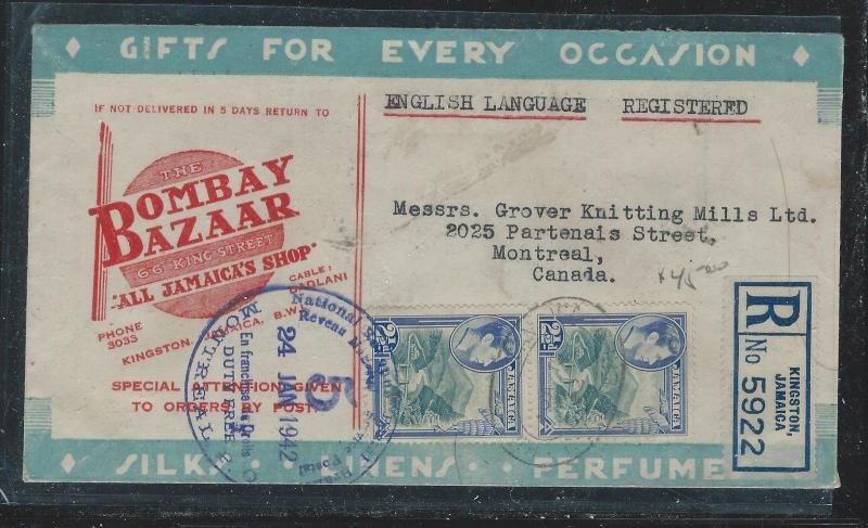 JAMAICA (PP2912B) 1942 KGVI  2 1/2DX2 REG FANCY OVERALL AD COVER TO CANADA