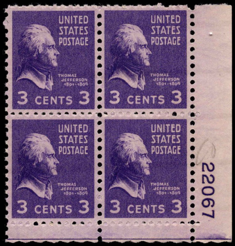 US #807 JEFFERSON MNH LR PLATE BLOCK #22067