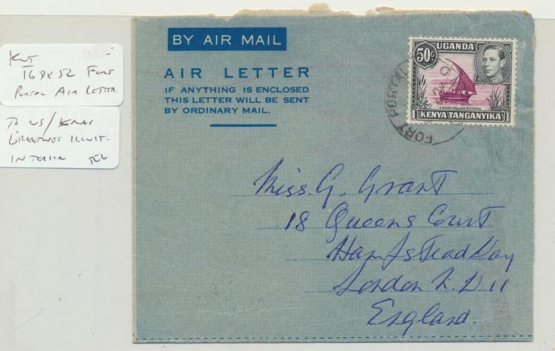 KUT (FORT PORTAL) TO UK 1952 AIR LETTER, XMAS GREETINGS,  50c RATE (SEE BELOW)