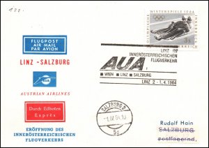 Austria Austrian Airlines Vienna to Linz 1964 1st Flight Cover