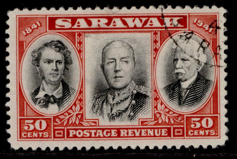 SARAWAK GVI SG148, 50c black & scarlet, FINE USED. 