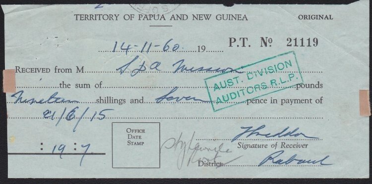 PAPUA NEW GUINEA 1961 1/3 postage due on parcel charges receipt ex Rabaul..A8575