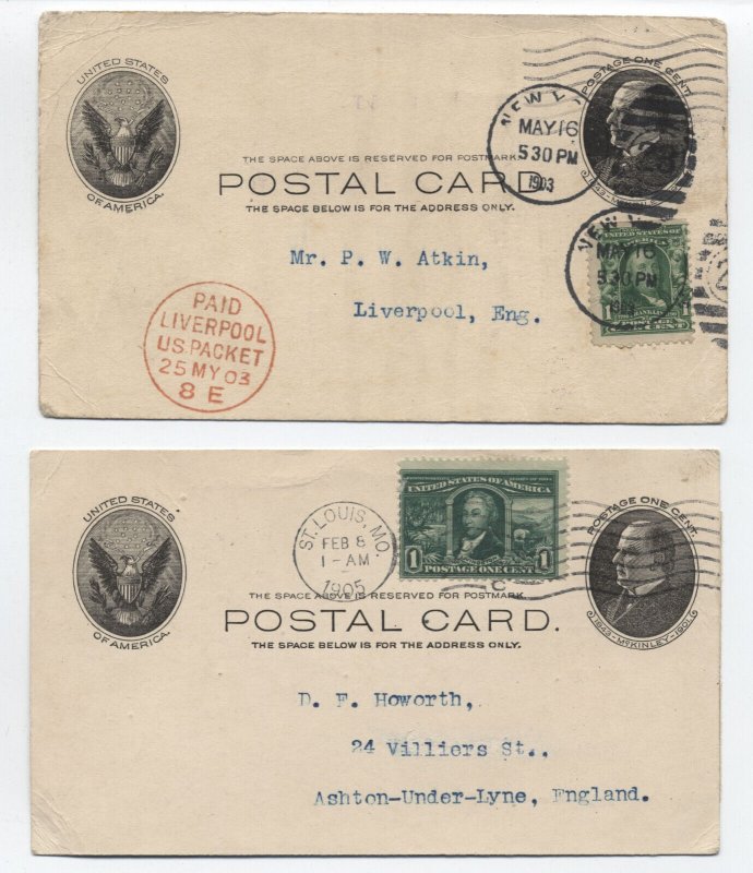 Pair of uprated postal cards to England 1903 and 1905 [y8970]