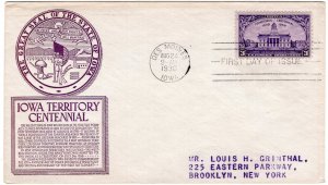 1938 FDC 838 Iowa Territorial Centennial, C. Stephen Anderson purple cachet