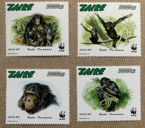 Zaire 1997 WWF Chimpanzees, MNH. Scott 1466 singles, CV $20.00