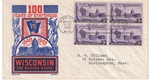 #957 FDC, 3c Wisconsin 100th, CC/Boll cachet, block of 4