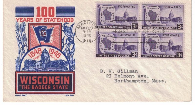 #957 FDC, 3c Wisconsin 100th, CC/Boll cachet, block of 4