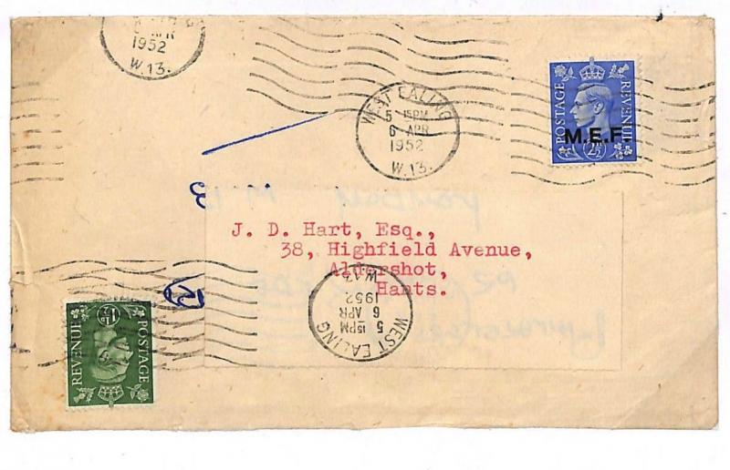 DA328 GB Cover 1952 KGVI *MEF*Overprint Accepted Internal Postage RE-USED Ealing