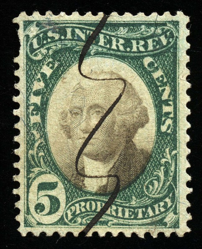 B238 U.S. Revenue Scott RB5a 5-cent proprietary, manuscript cancel, SCV = $175