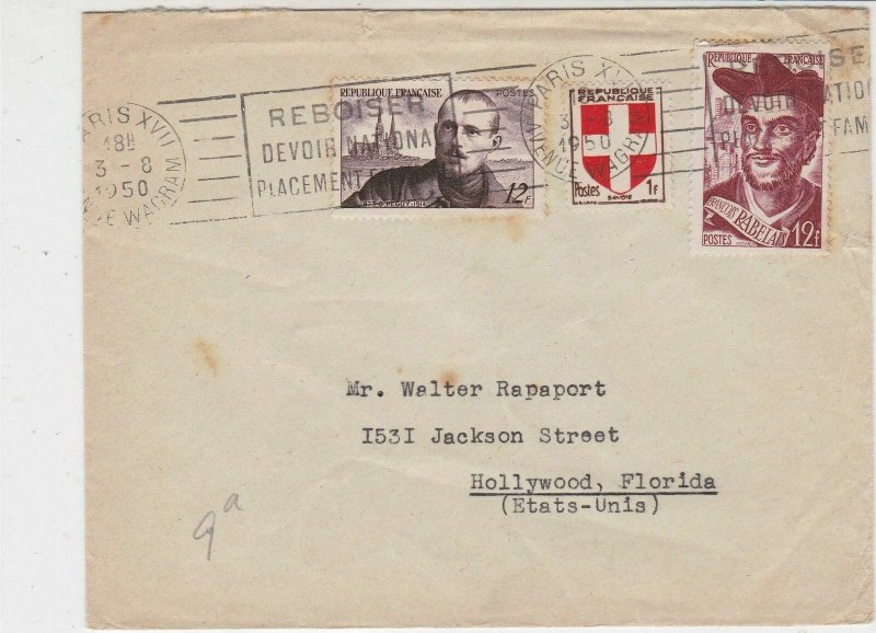 France 1950 Paris Cancels Slogan Multiple Stamps Cover to Hollywood Ref 32011