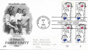 1984 FDC, #2104, 20c Family Unity, Art Craft, plate block of 4