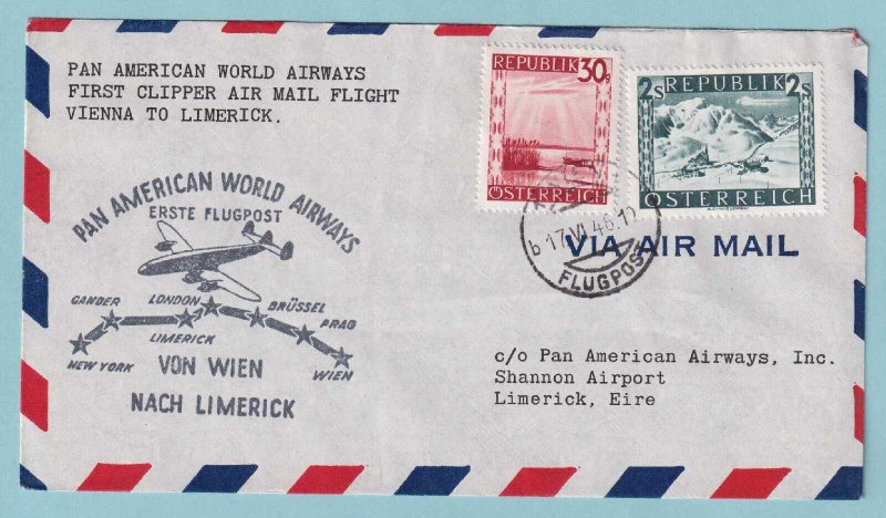 AUSTRIA 1946 FIRST FLIGHT COVER FROM VIENNA TO LIMERICK IRELAND - CV356