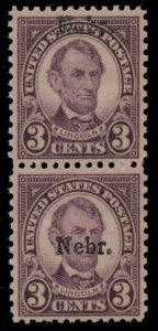 US #672v, 3¢ Lincoln NEBR, vertical pair w/Wide Spacing between Ovpts, og, NH XF