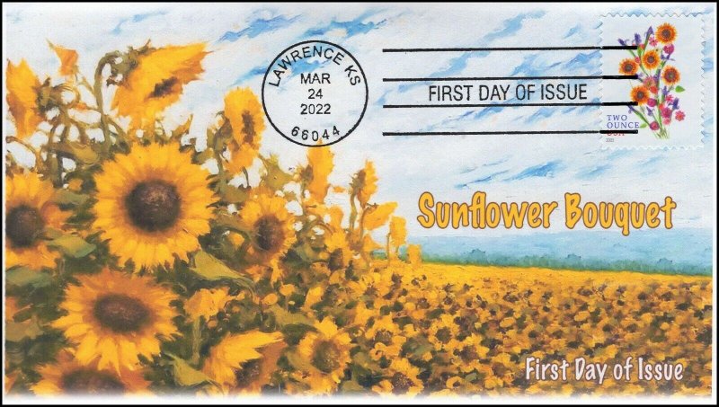 22-066, 2022, Sunflower Bouquet, First Day Cover, Standard Postmark, 2 oz postag