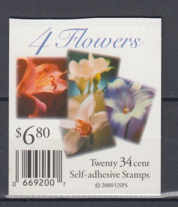 (F) USA #3490a Flowers  Block of 4 from Booklet  MNH