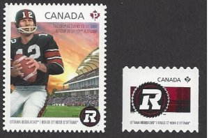 Canada #2754ii & 55i MNH die cut singles, Ottawa Redblacks football, issued 2014