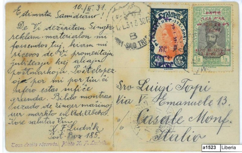 BK0071 - ETHIOPIA - POSTAL HISTORY -  POSTCARD to ITALY 1931 - FANTASTIC!!