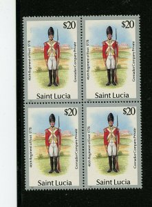 St Lucia #879 (ST141) Block of 4. Hi Value $20.00 Grenadier, MNH, VF, CV$70.00