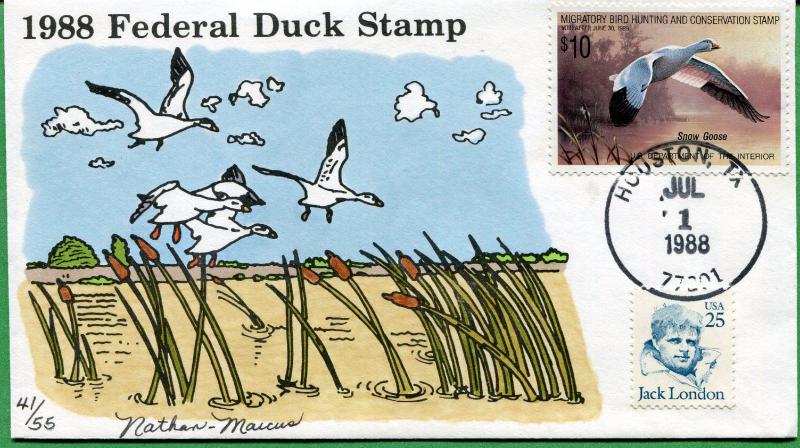 US #RW55 Hand Painted Duck First Day Cover 07/01/88 - Nathan Marcus - S8175