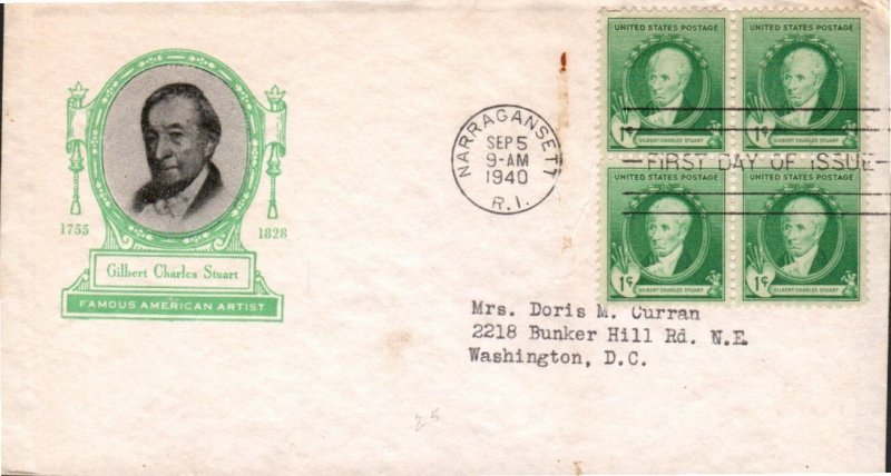 FAMOUS AMERICANS -  GILBERT STUART SC #884 SEP 5 1940 NARRAGANSET RI FDC - BOX 1