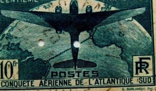 France #C17 Used/Poor, 10fr, Plane & Globe, 1936, sml pin holes, good filler