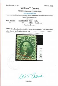 [sto575] 1861 Scott#62B 10c green used Red grid cv:$1,810 EXPERTISE BILL CROWE
